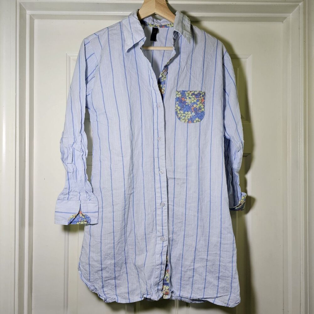 Nouveau by Pajama Drama Button Front Sleep Shirt Dress Grandpa Blue Coral Medium